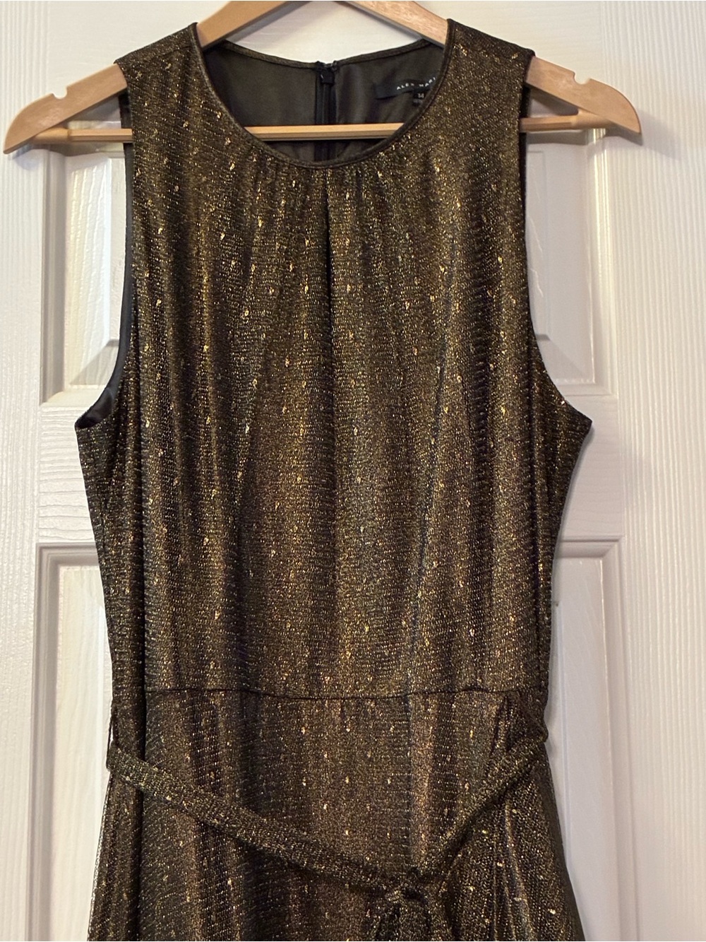 Sleeveless Metallic Gold-Black Formal Dress  Ruffled Skirt. Size 14
